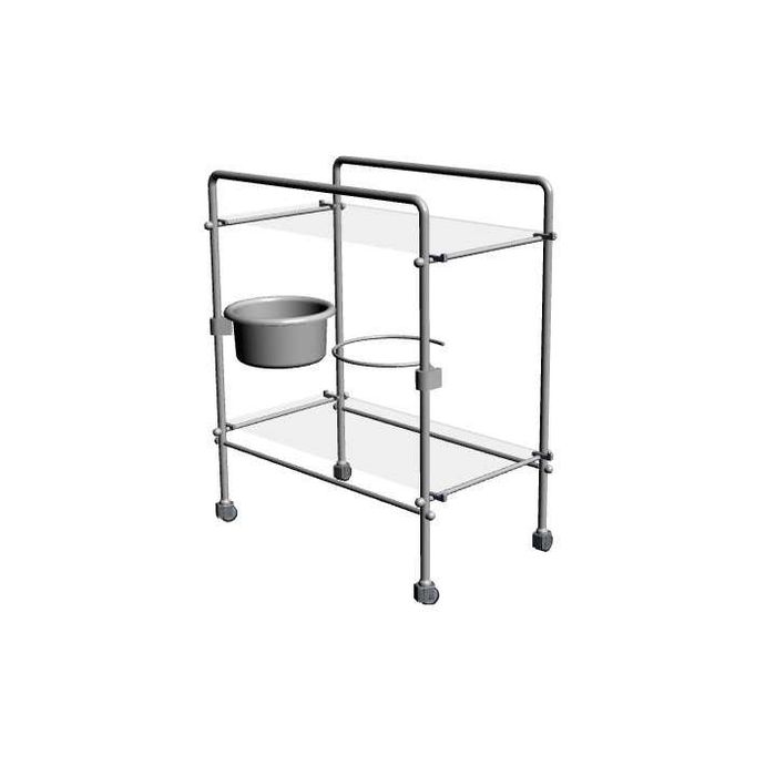 Stolik zabiegowy z dwiema uchylnymi miskami i szklanymi blatami