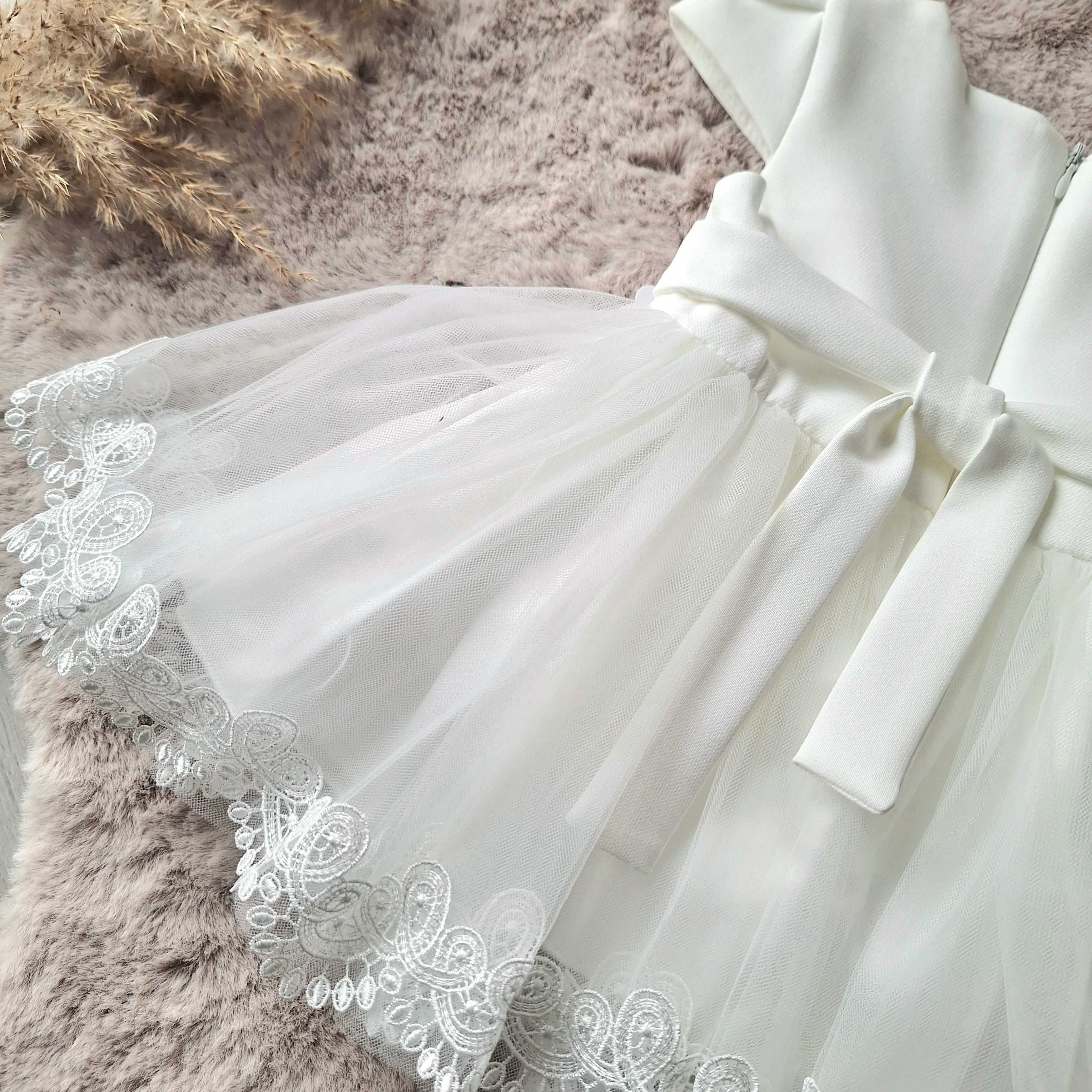 Sukienka tiulowa dla dziewczynki koronkowy pasek chrzest wesele ecru