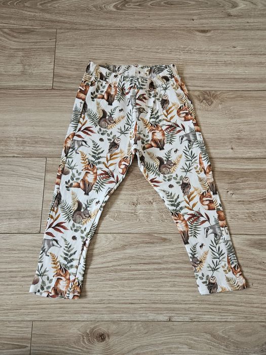 Spodnie newbie jesienne wzory lekko ocieplane liście leśne zwierzątka