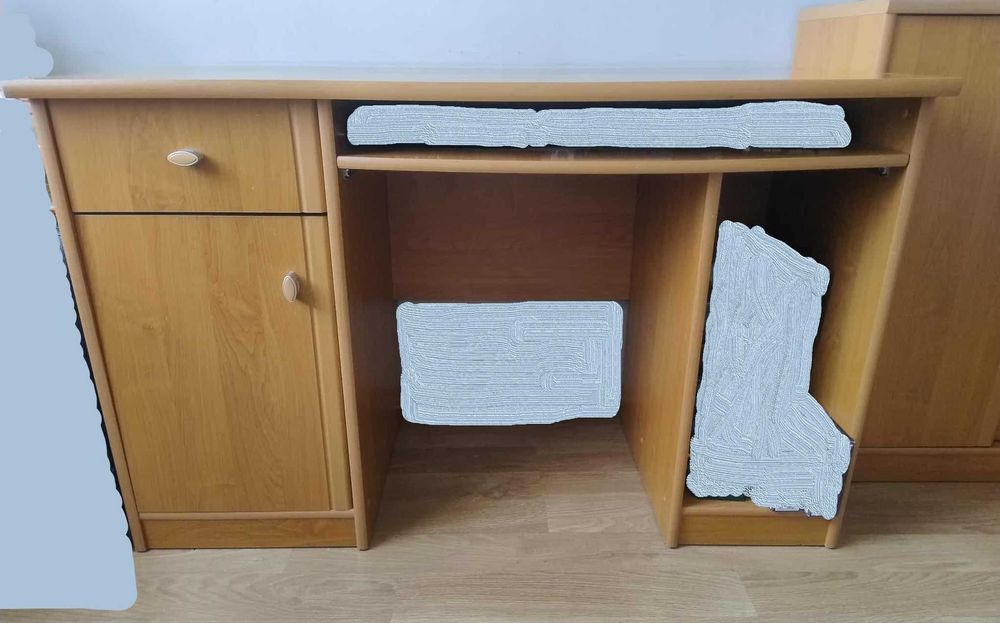 Zestaw mebli, szafa, komoda, biurko, półka wisząca.