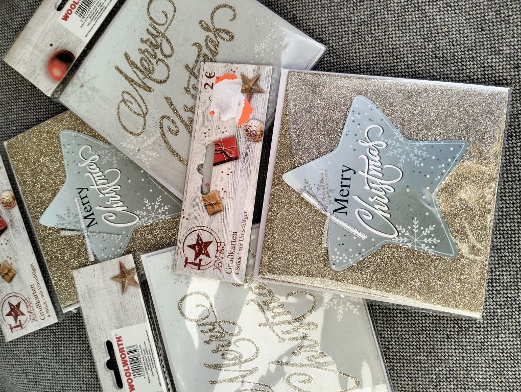Kartki świąteczna pocztówki na życzenia brokat gwiazdki kokardki koper