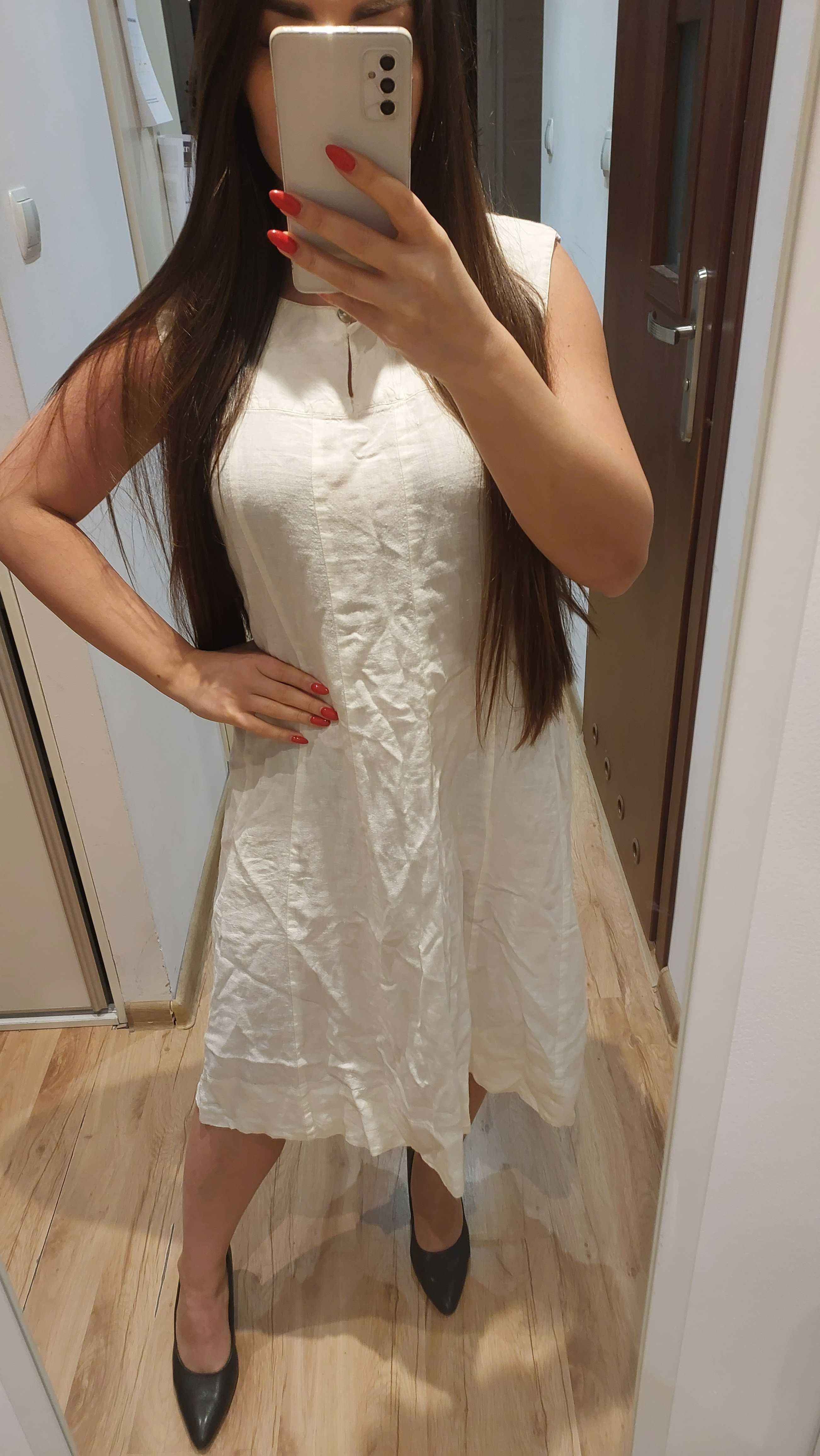 biała lniana sukienka len L XL midi