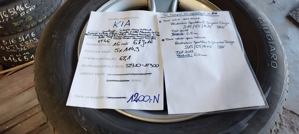 Komplet koł do Kia 5x114,3 16cali,opony letnie Verdestein 215/65/R16