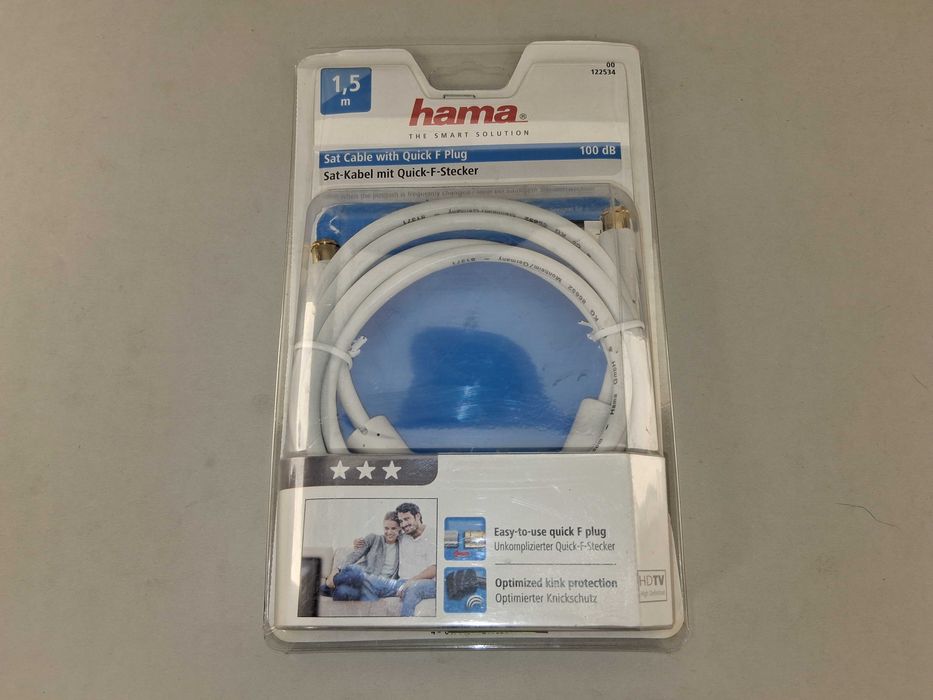 N054 Kabel Antenowy SAT Hama 1,5m Quick-F Wtyk F 100dB TV HD Nowy