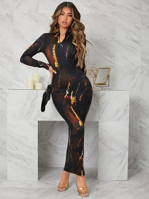 Sukienka Maxi Tie Dye Sexy Obcisła Dopasowana Ołówkowa Na Zamek M 38