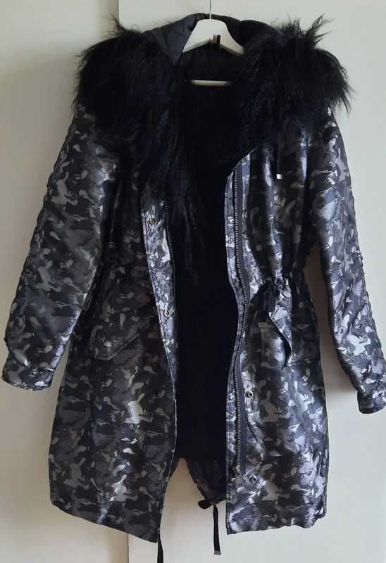 Topshop płaszcz parka moro camo szara szary czarny futro military goth