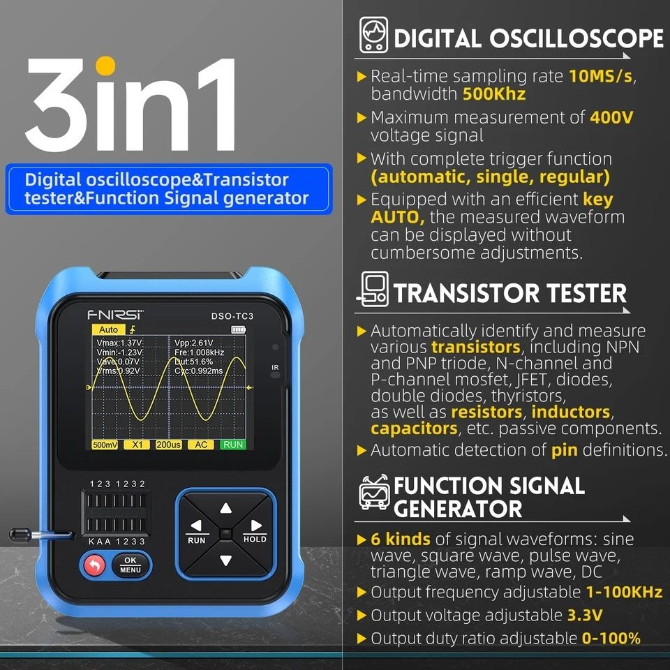 3 в 1 Осциллограф генератор сигнала тестер транзисторов FNIRSI DSO-TC3