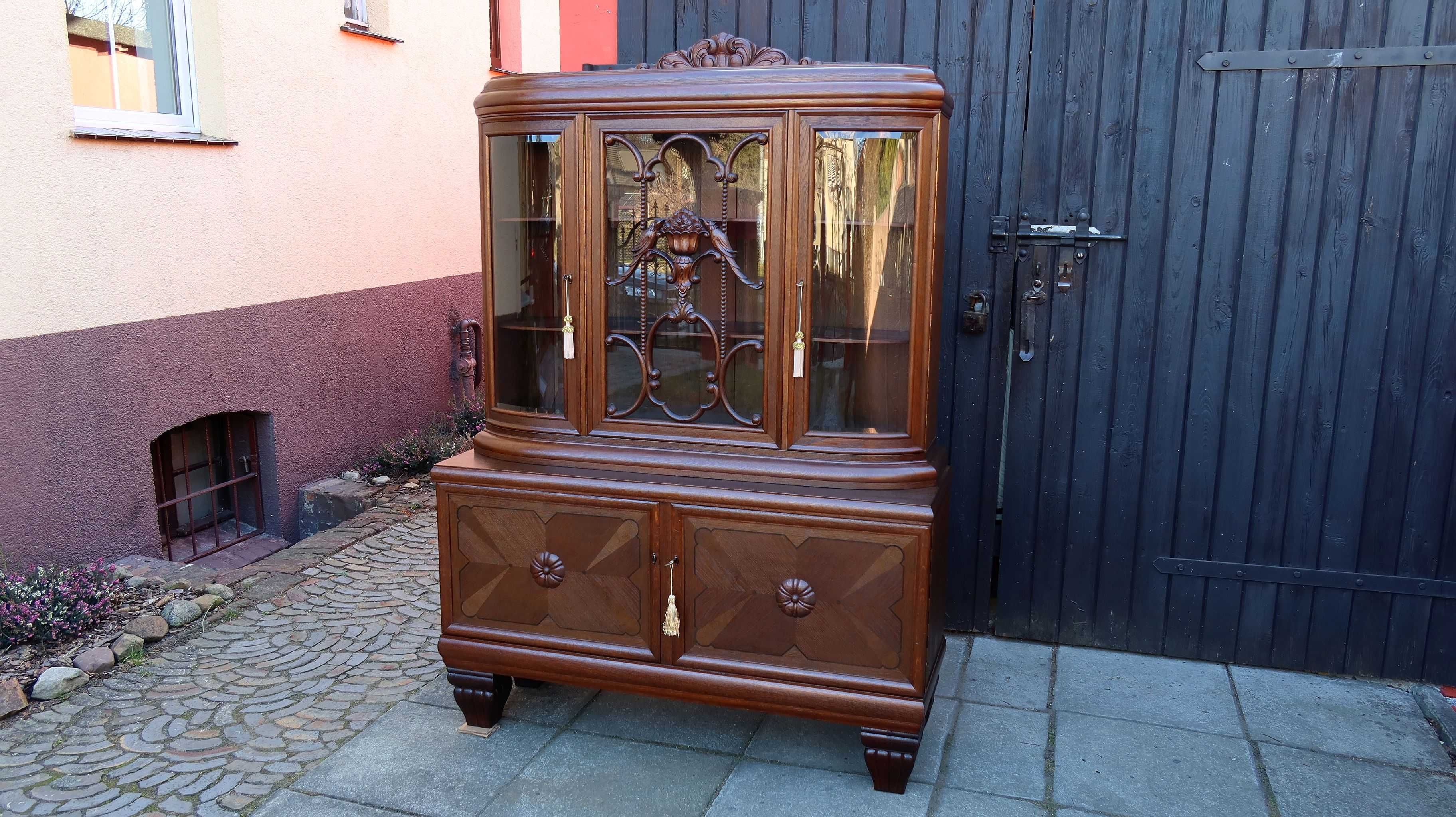 Fascynująca Unikatowa dębowa Witryna 1920 r. Antyk po renowacji