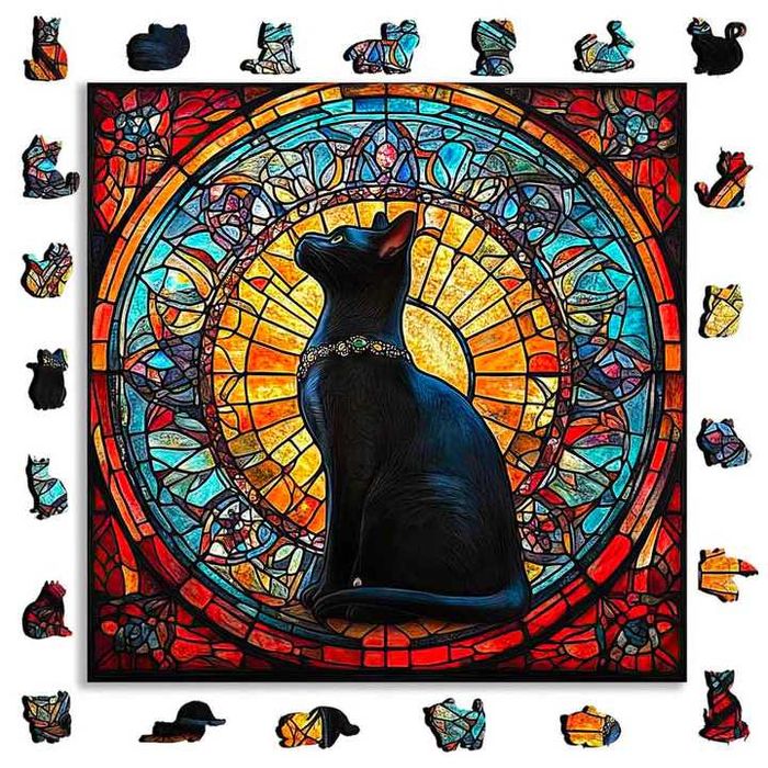 drewniane puzzle Kot na tle witraża i Drzewo, format A5