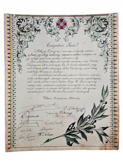 Dyplom Historyczny Olkusz 1923 Krzyż Zasługi II RP
