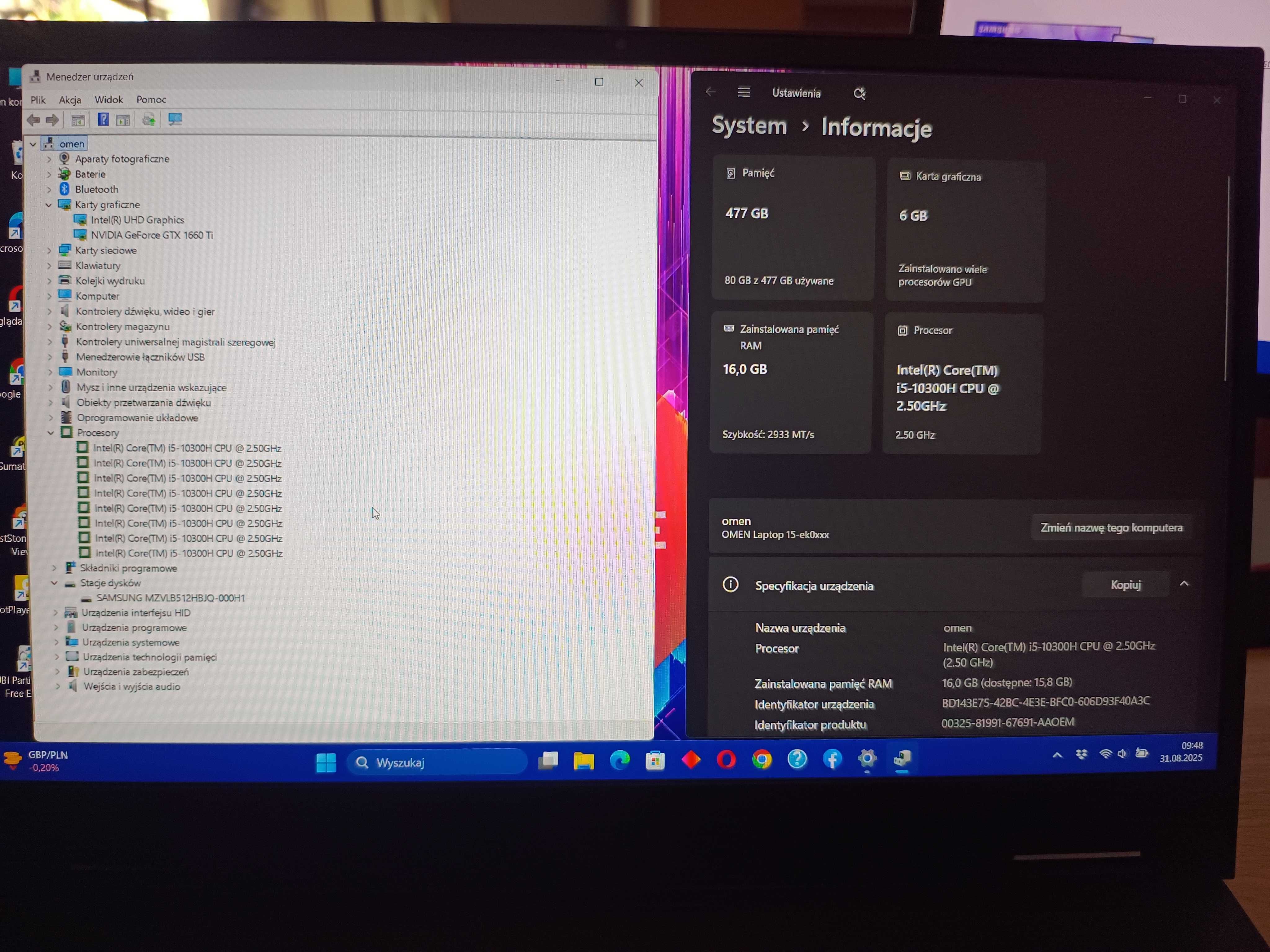 Laptop HP OMEN 15 i5-10300H/16GB/512GB/GTX1660TI/144Hz