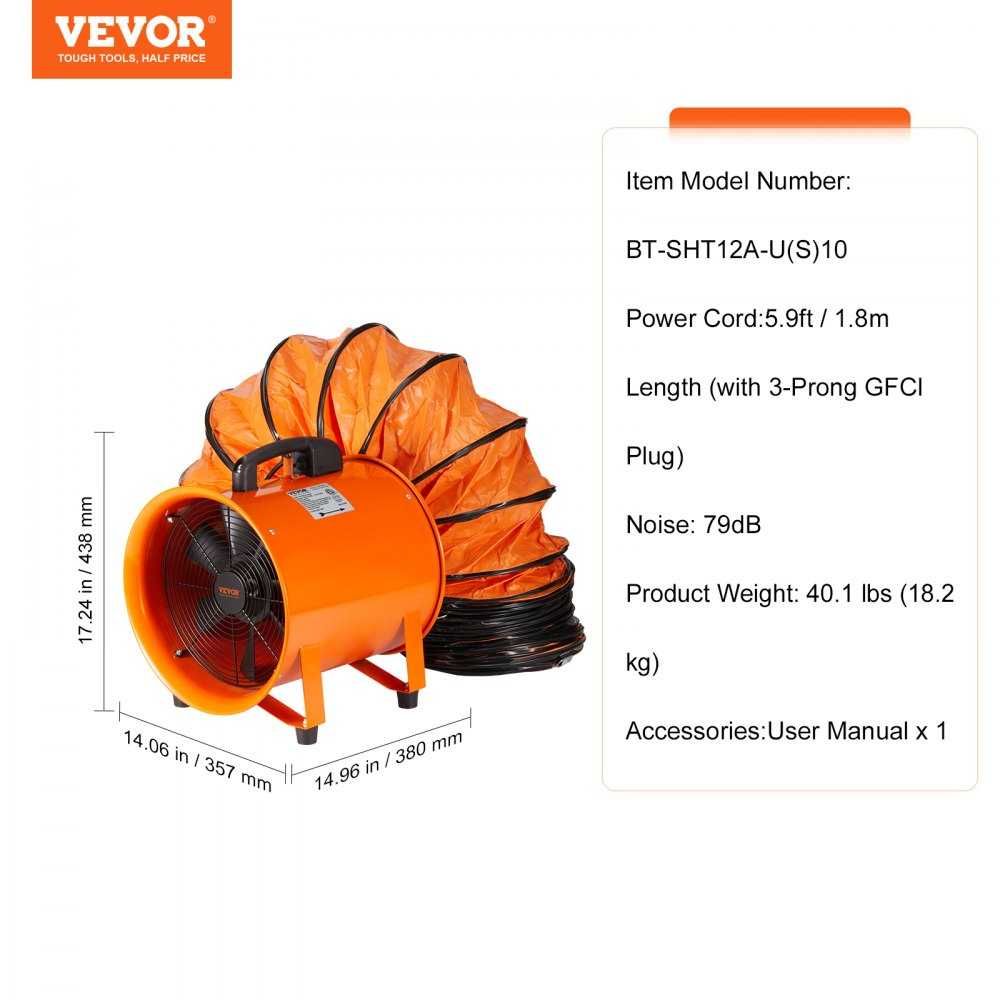 Ventilador Portátil VEVOR, Ø 30cm, Conduta de 10m, 367W 2574CFM