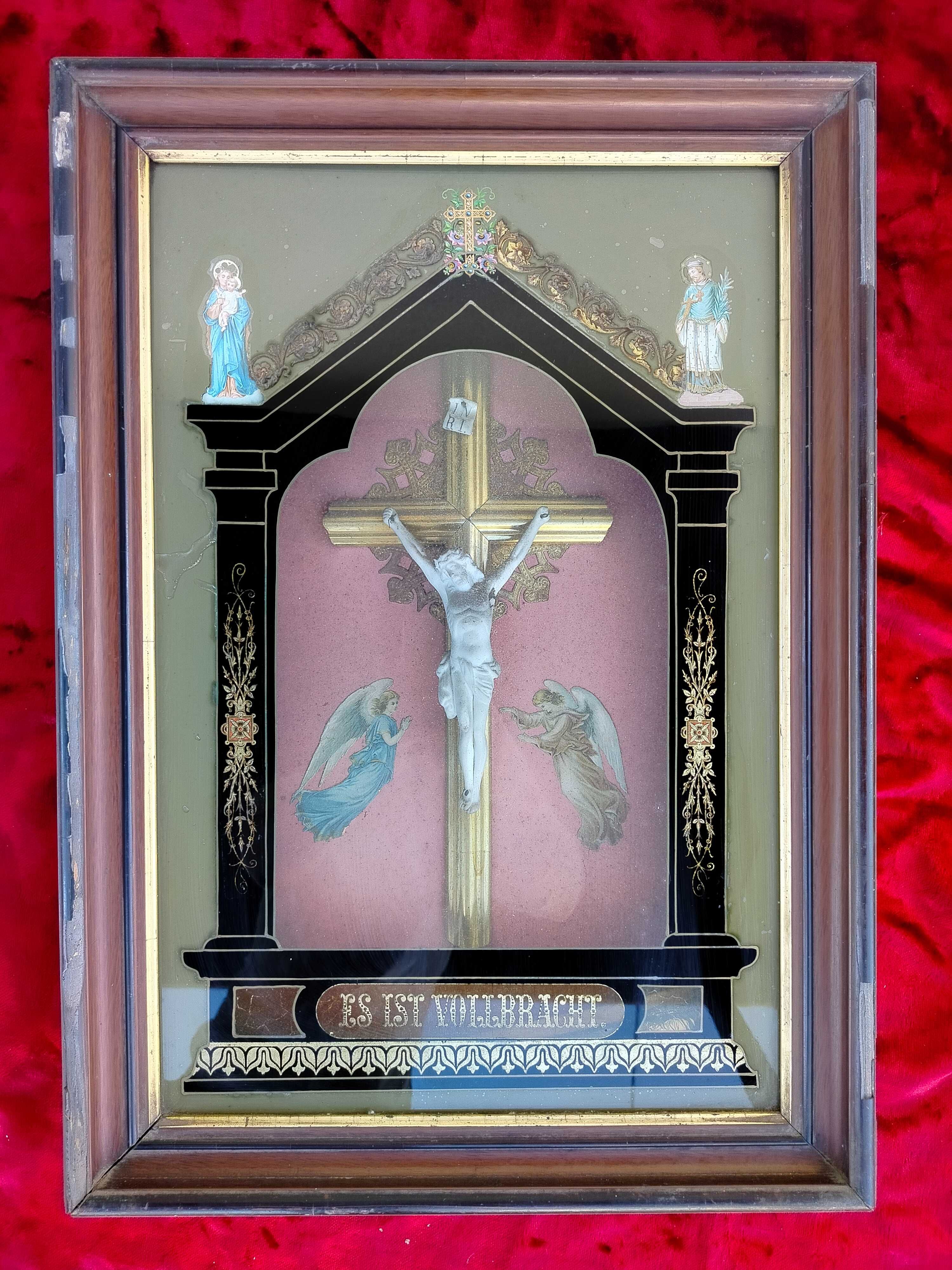 Stary unikatowy obraz kapliczka religijny z krzyżem