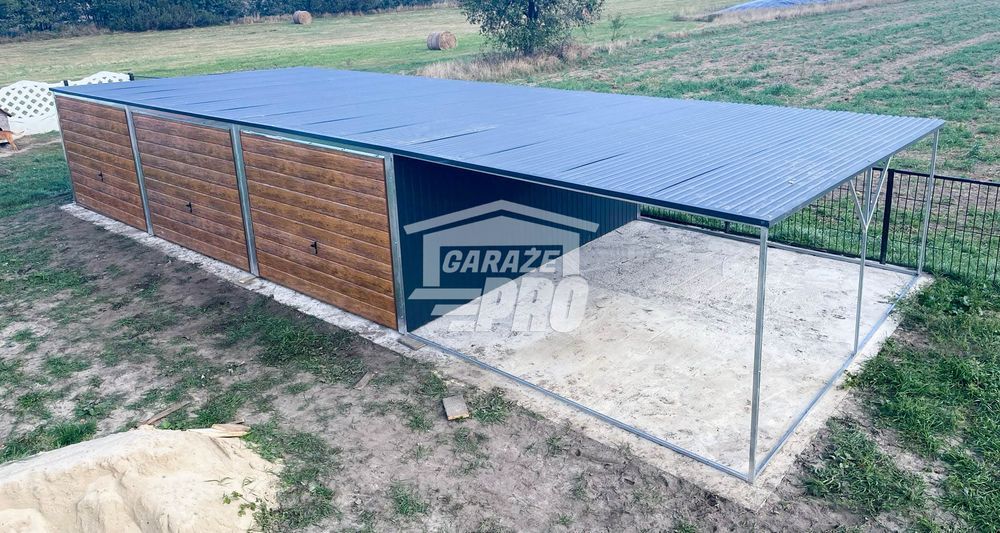 Garaż blaszany 9x6 + wiata 3x6 antracyt + jasny orzech   GP226