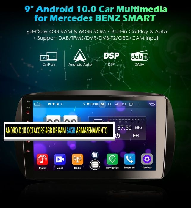 Auto-rádio 2 din android 14 p/ Smart e Renault Dacia Duster