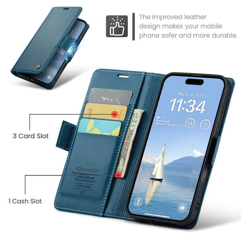 Caseme etui z klapką do iPhone 16 Pro portfel RFID zamsz niebieskie