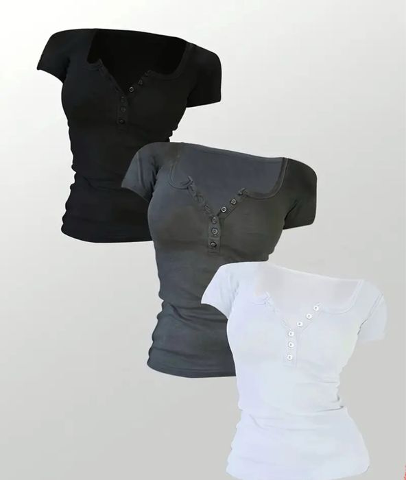 Топ футболка поло в обтяжку на пуговицах набор черный белый серый