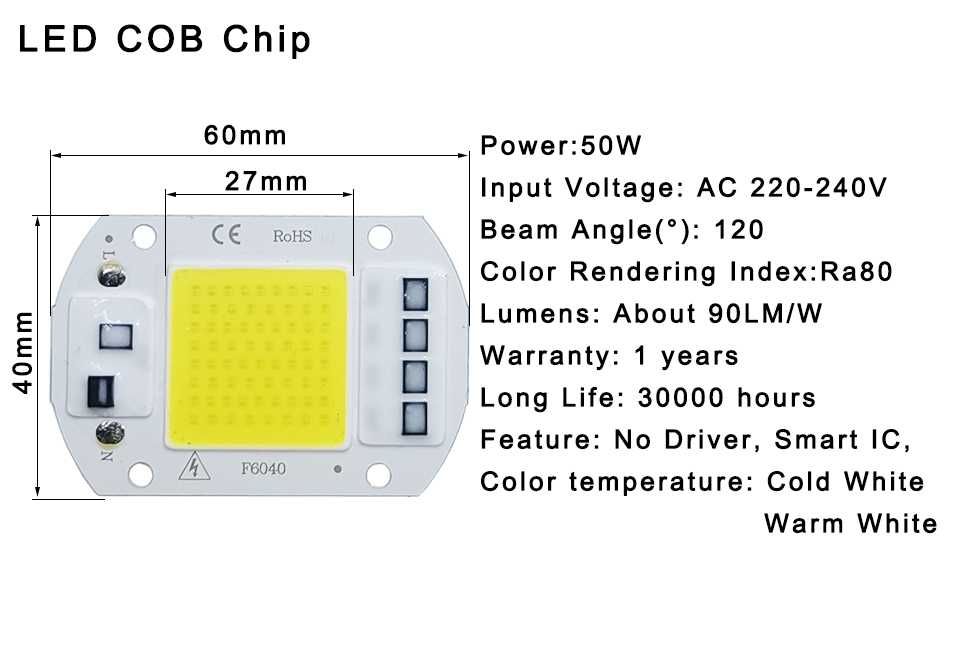 LED COB Chip Lampa światło 50W 240V reflektor szerokostrumieniowy