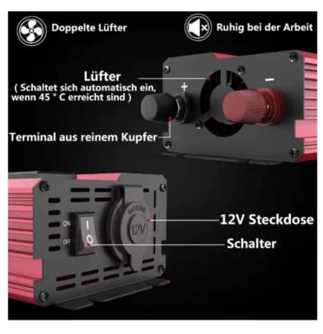 Інвертор живлення Sudokeji 12V до 220V 3000W з РК-диспл, розетками ЄС