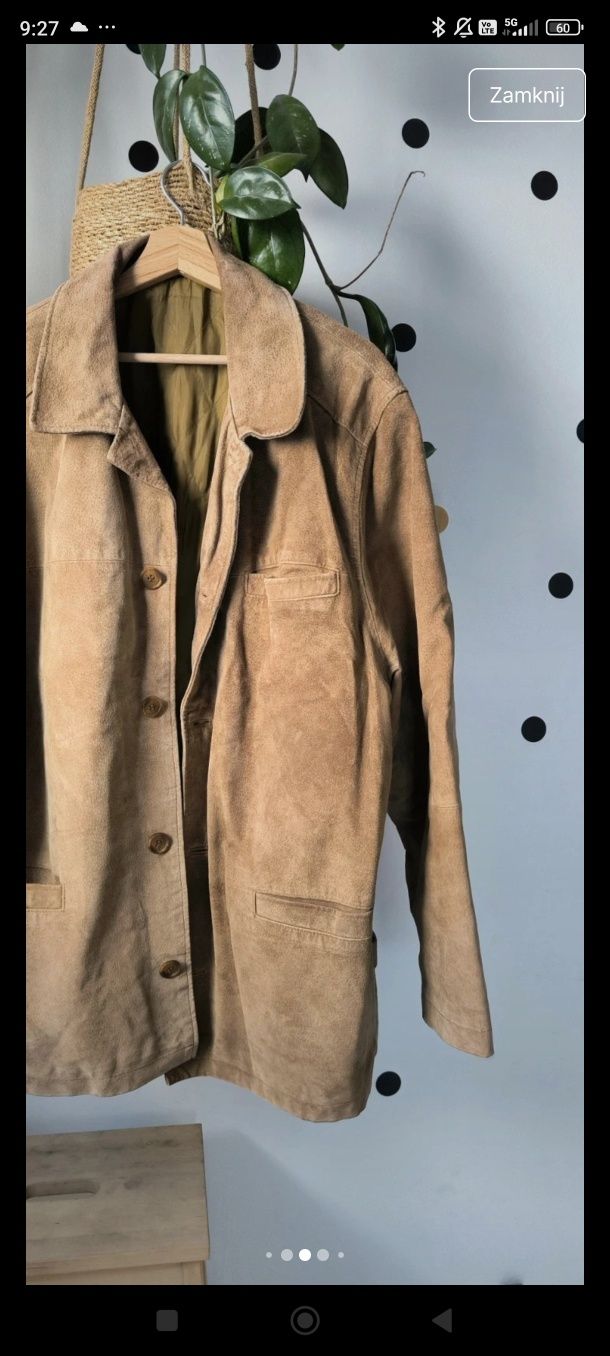 Beżowa brązowa skórzana kurtka katana vintage maxi camel oversizowa za