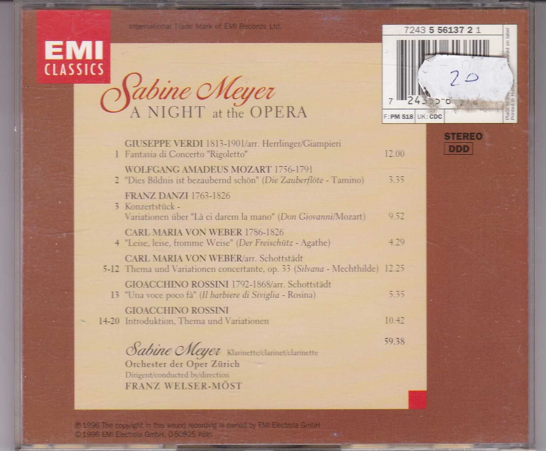 SABINE MEYER A Night At The Opera Mozart  .Verdi . CD