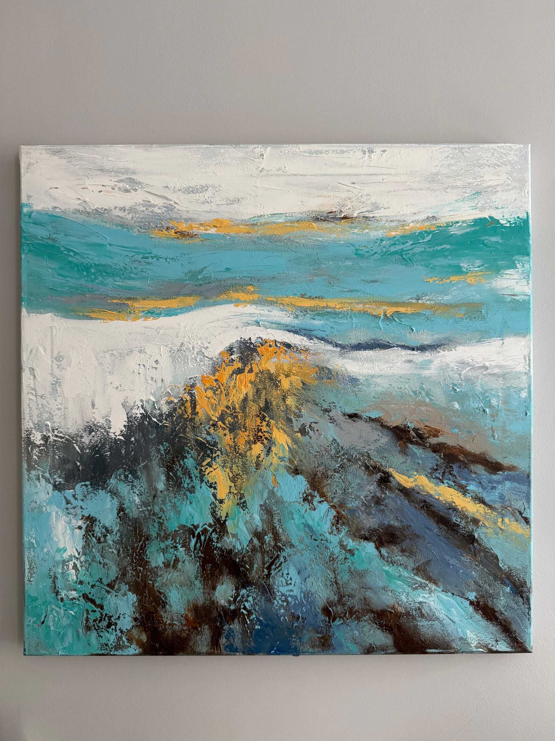 Abstrakcyjny Obraz olejny ręcznie malowany 60x60cm turkus i zółty
