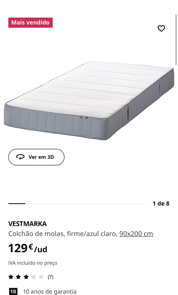 Cama solteiro MALM Estrutura de cama, branco/colchaoVESTMARKA90x200 cm