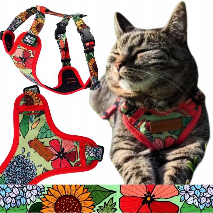 bezuciskowe szelki na spacery dla małej kotki regulowane w kwiatki