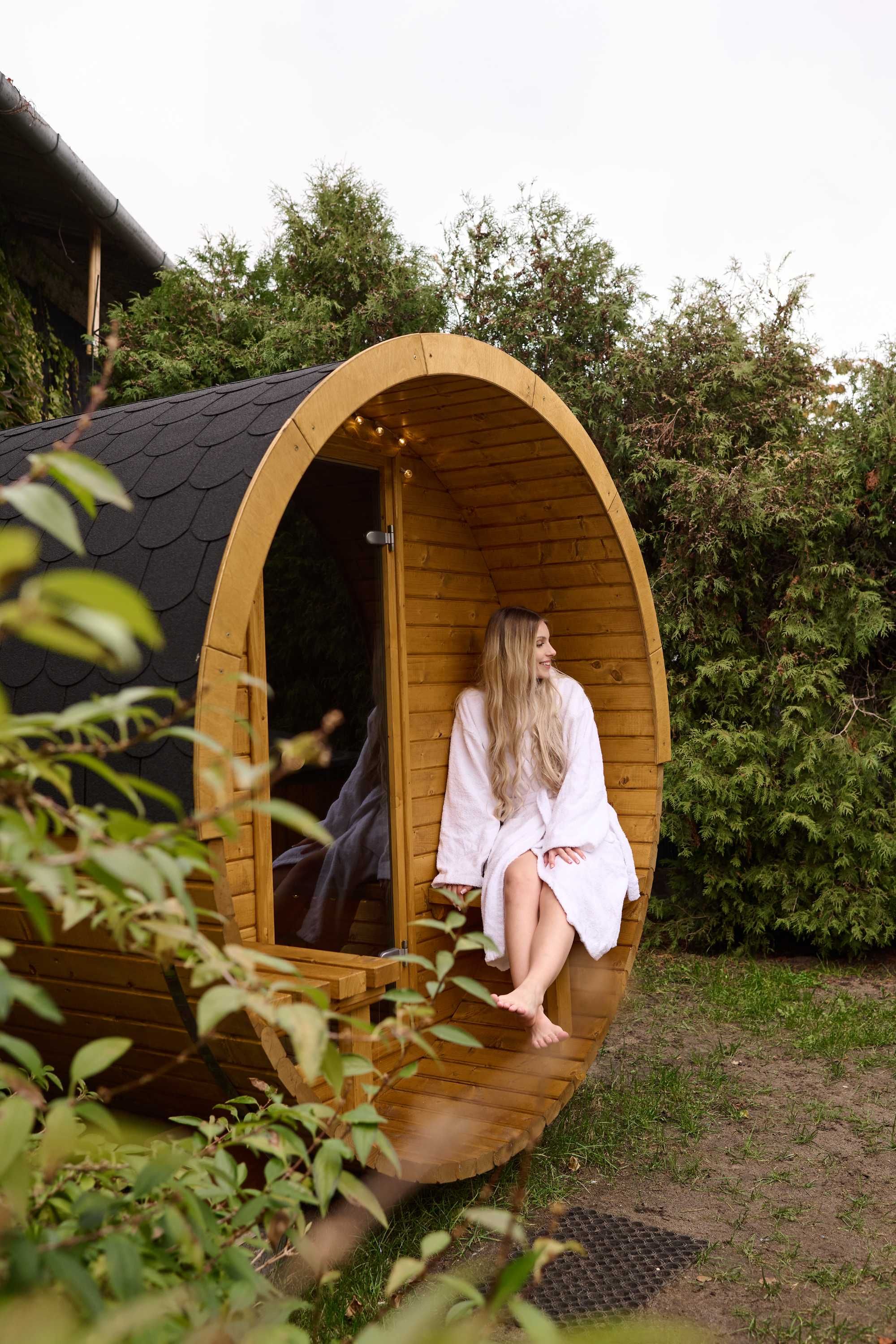 Sauna drewniana sucha 390cm PRODUCENT z tarasem fińska beczka FV23