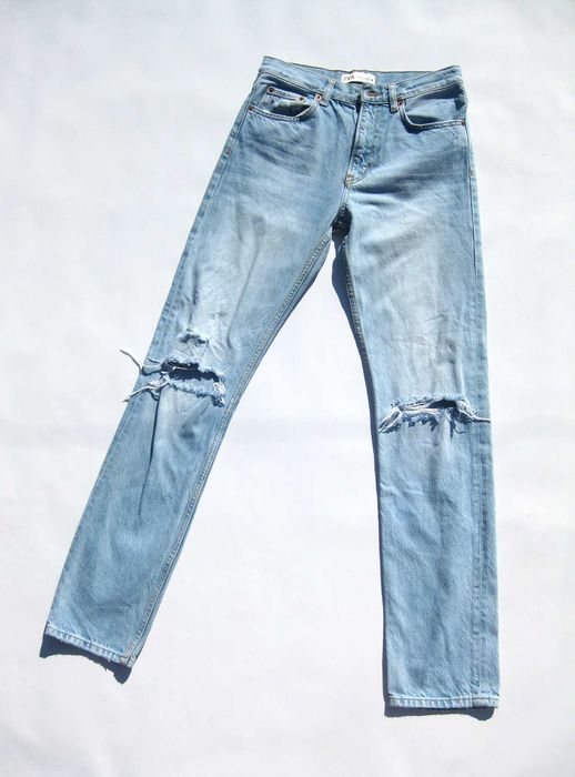 Голубые рваные джинсы прямого кроя средняя посадка ZARA XS