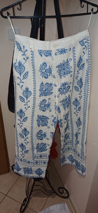haftowane spodnie Zara r. 34 lniane