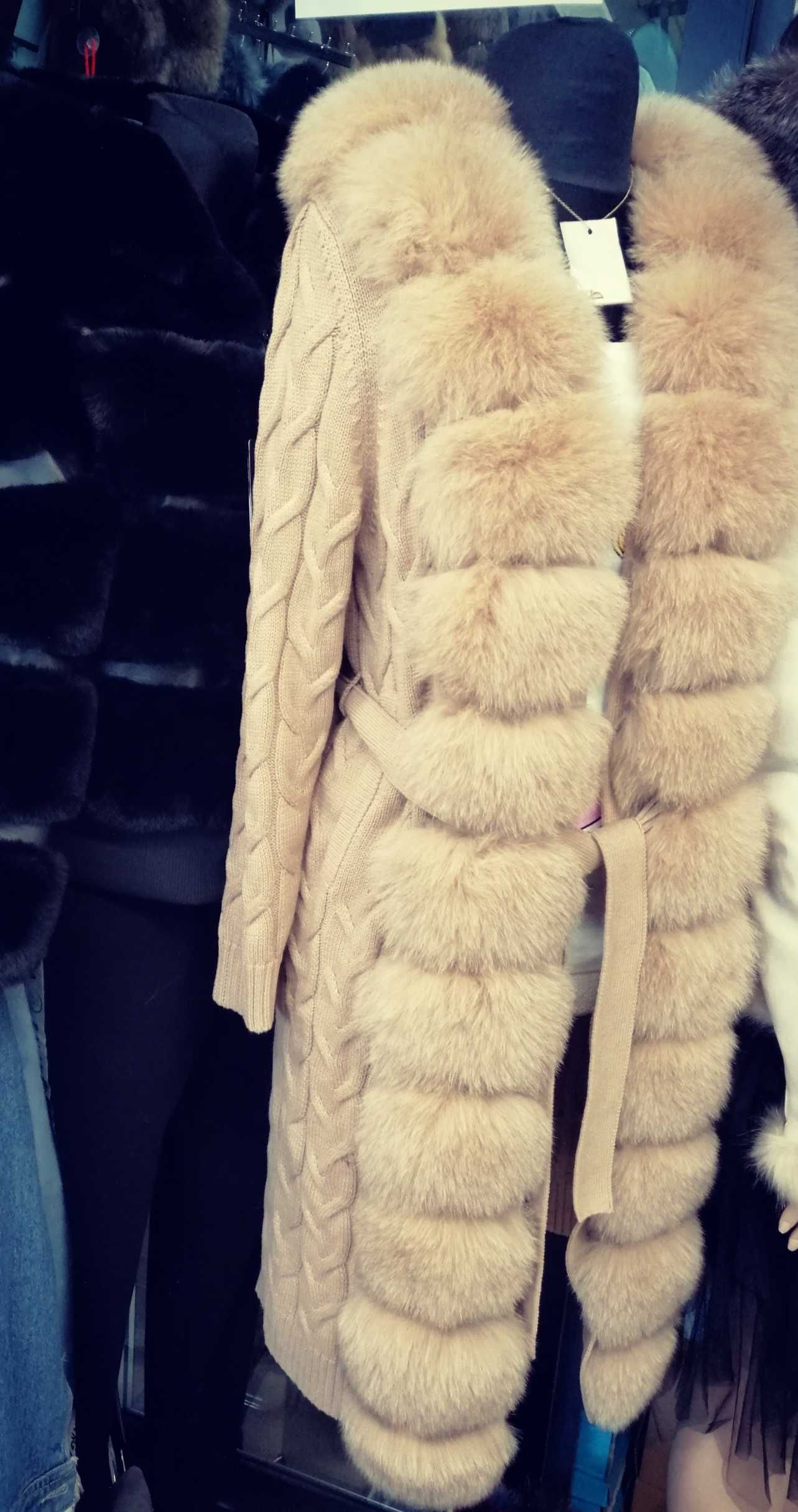 Sweter długi z futrem lis naturalny futro Płaszcz  lisy kardigan