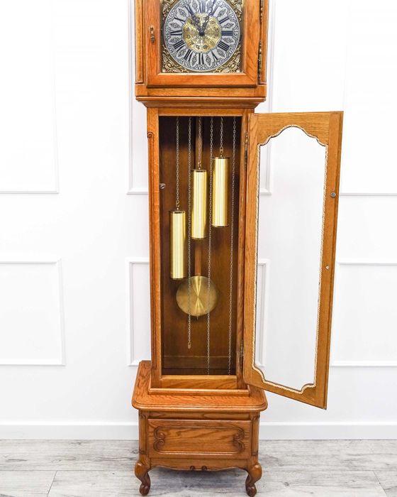 Dębowy ZEGAR stojący podłogowy Zegar Ludwik lata 60. wahadło odważniki