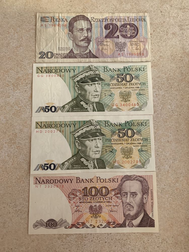 Banknoty UNC 50zł 1988, 100zł 1986, 20zł 1982