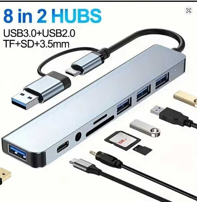 Докстанция 8 в 2 USB Type C HUB  с 3,5 мм ауд. SD Micro SD Cart Reader