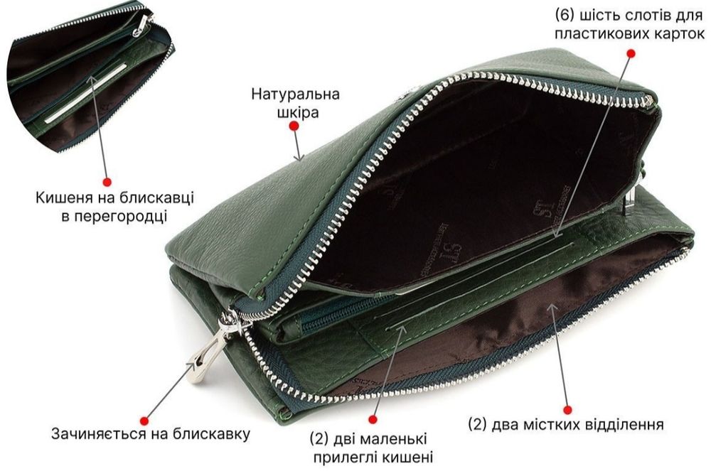 Гаманець клатч шкіряний зелений