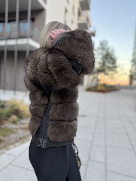 Futro brązowe z lisa xs/s GIAN MORI damskie zimowe nowe 2 w 1