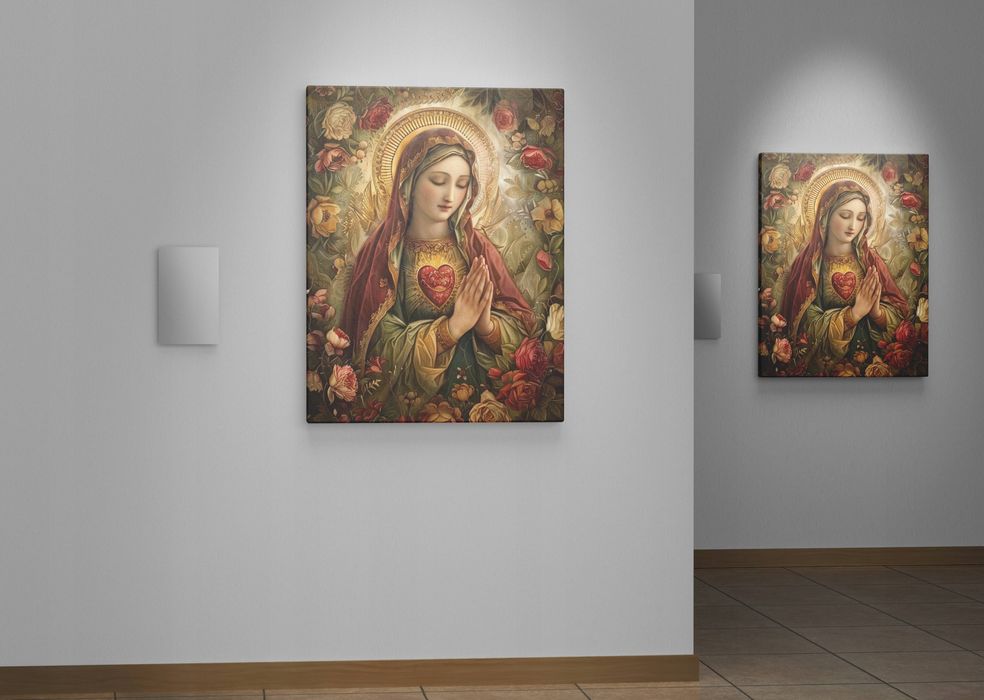 Obraz na płótnie "Serce Maryi w Otoczeniu Kwiatów" 45x60 cm