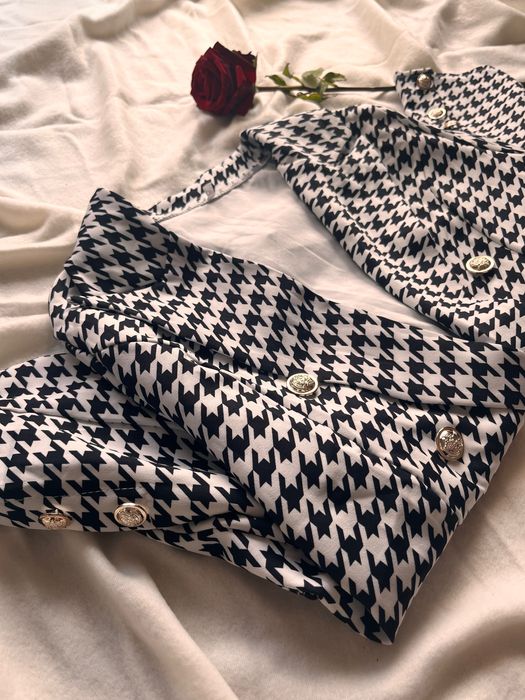 Marynarka damska w pepitkę kratkę luźna żakiet czarna biała XL 42 L 40
