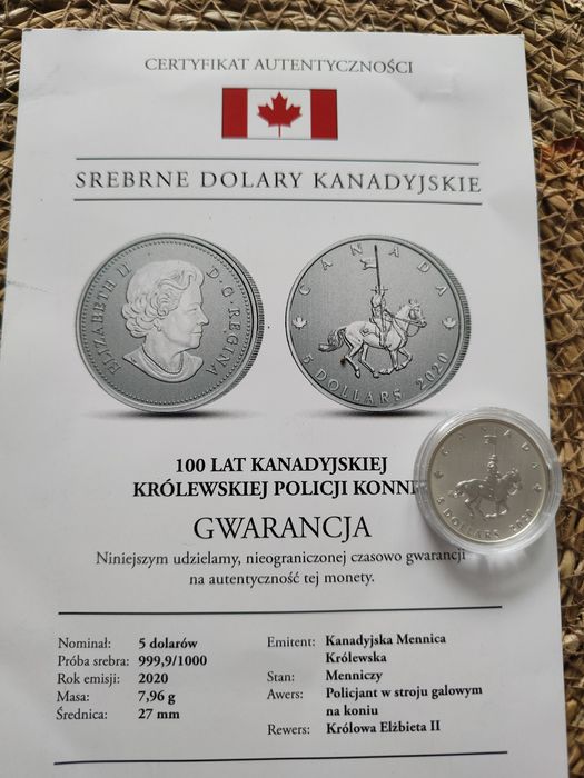 Srebro 999,9 - 5 dolarów Kanada z certyfikatem