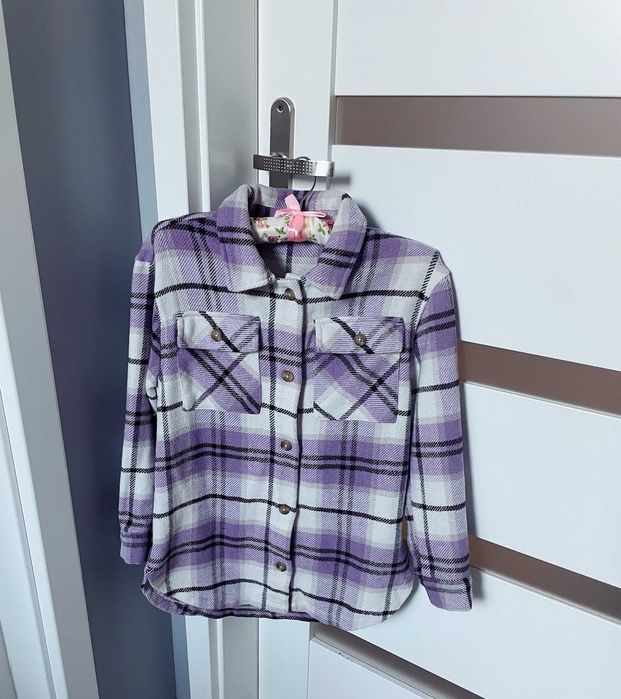 Biało fioletowa kurtka koszulowa dziewczęca ciepła koszula w kratę