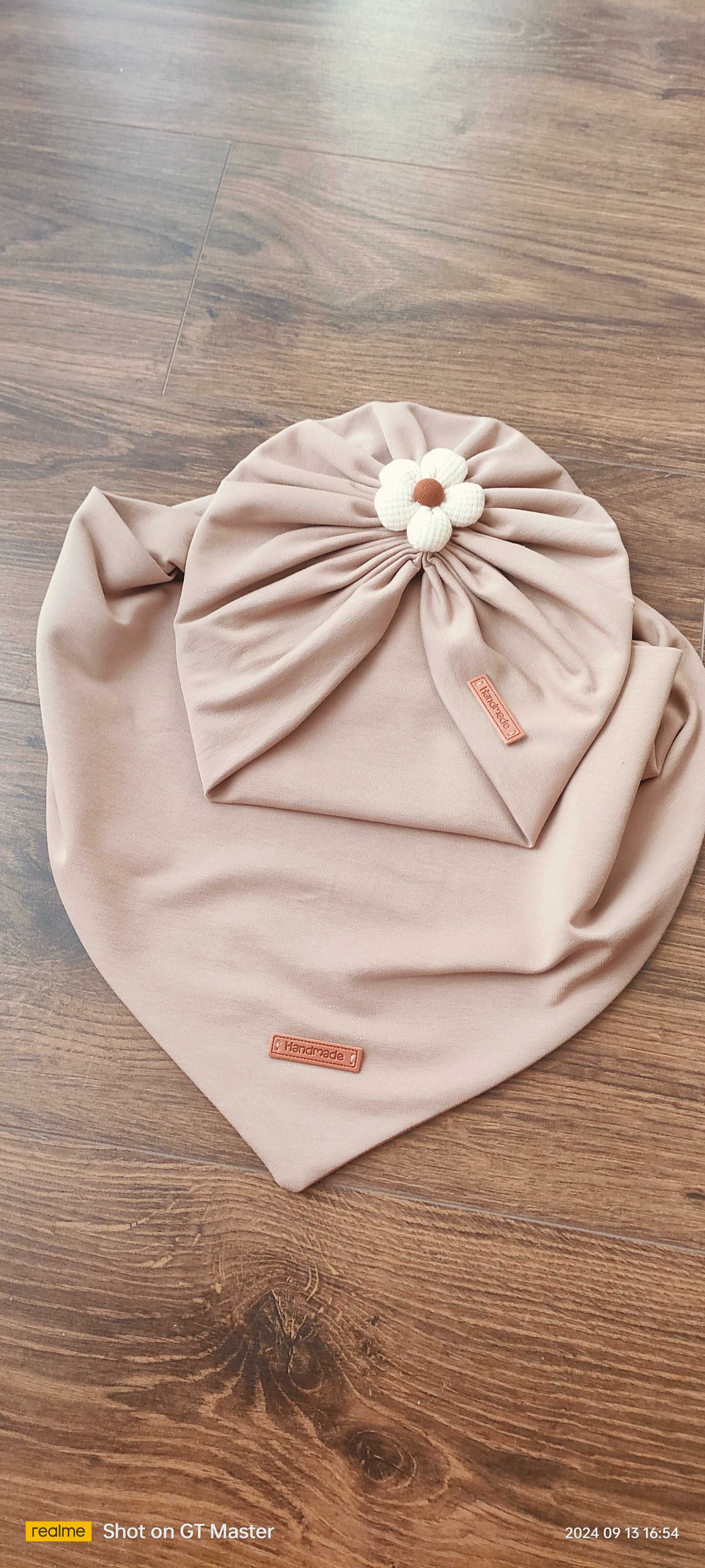 Komplet turban z chustą, z kwiatuszkiem, Handmade