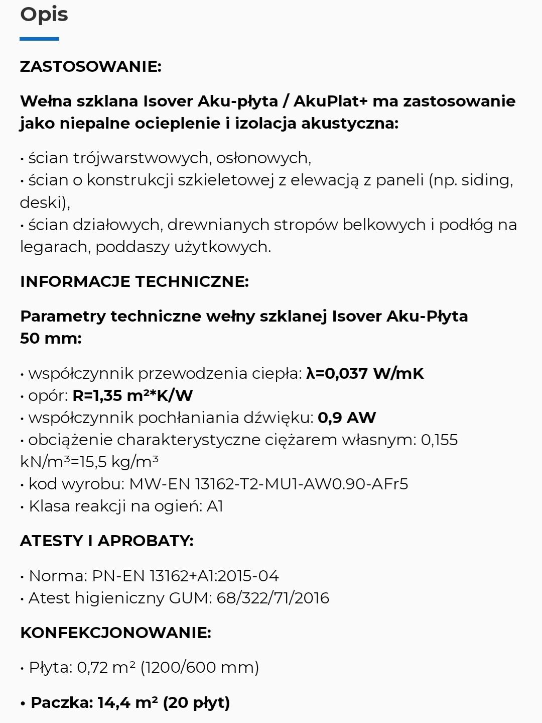 Isover Akupłyta 50mm 14,4 m2wełna mineralna skalna