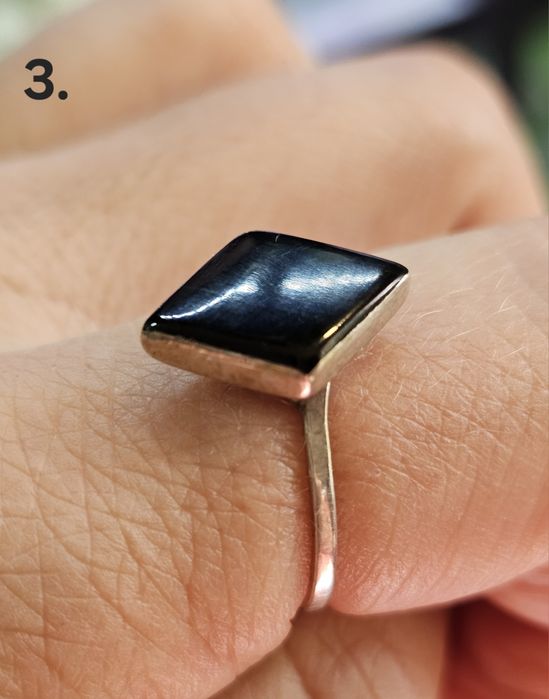 Stary srebrny pierścionek z onyksem, karo, PRL, Warmet, Orno