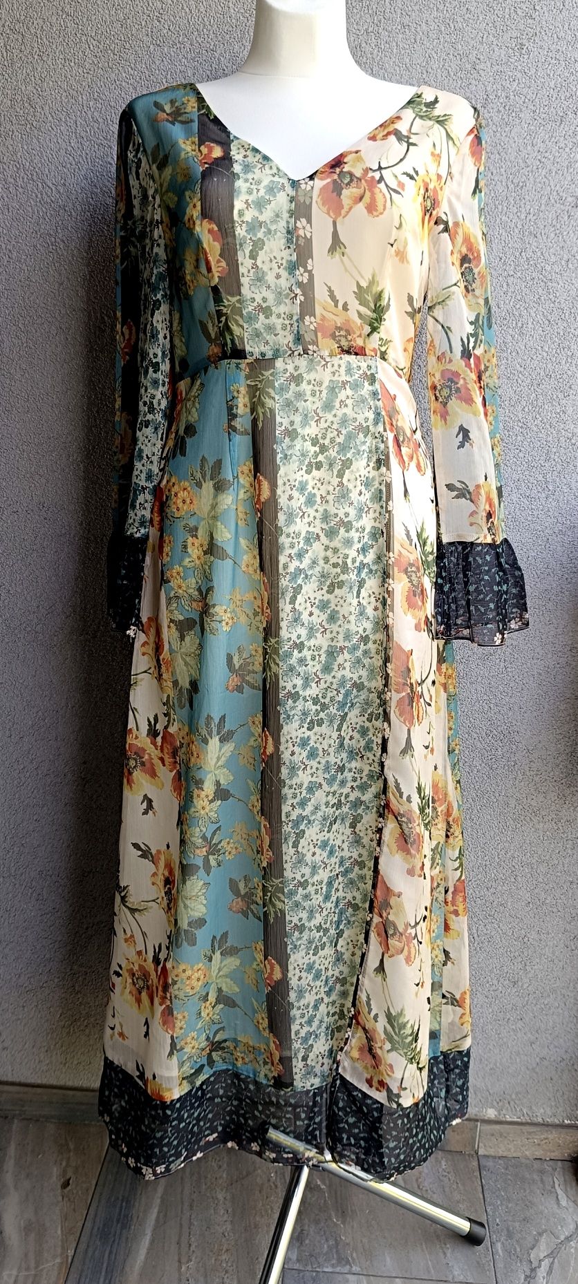 Sukienka letnia M biust 46x2 zwiewna romantic kwiaty maki