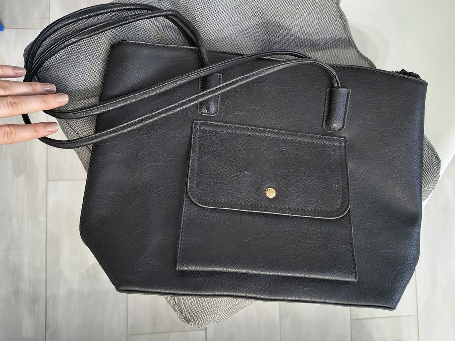 Сумка жіноча з довгими ручками шопер чорна шкіряна прямокутна велика