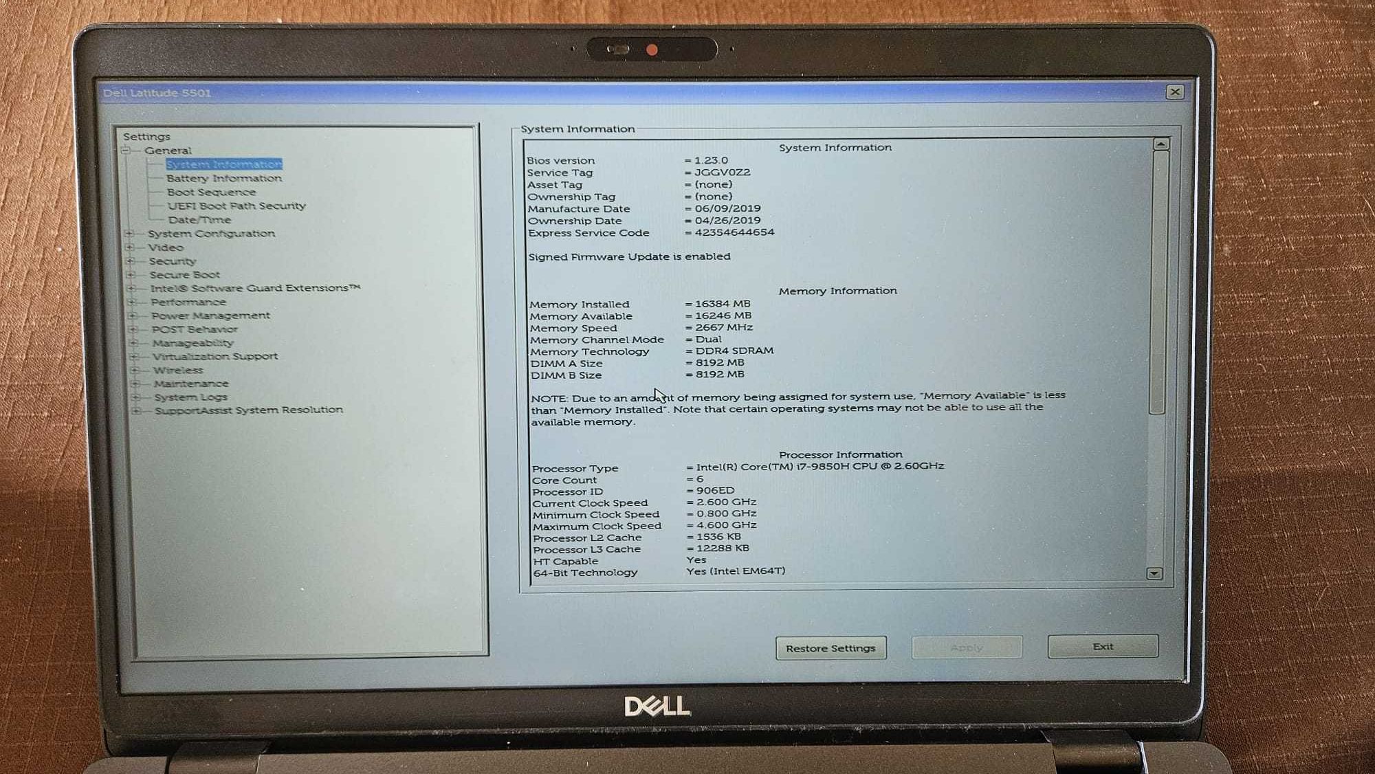 Dell Lattitude 5501 i7-9850H 16gb ram 256 ssd