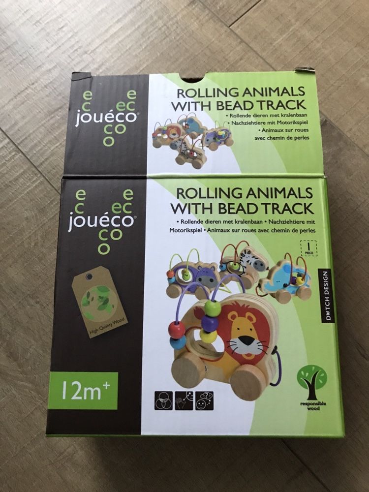 Lew drewniany Joueco 12m+ sensoryczna rolling animals with bead track