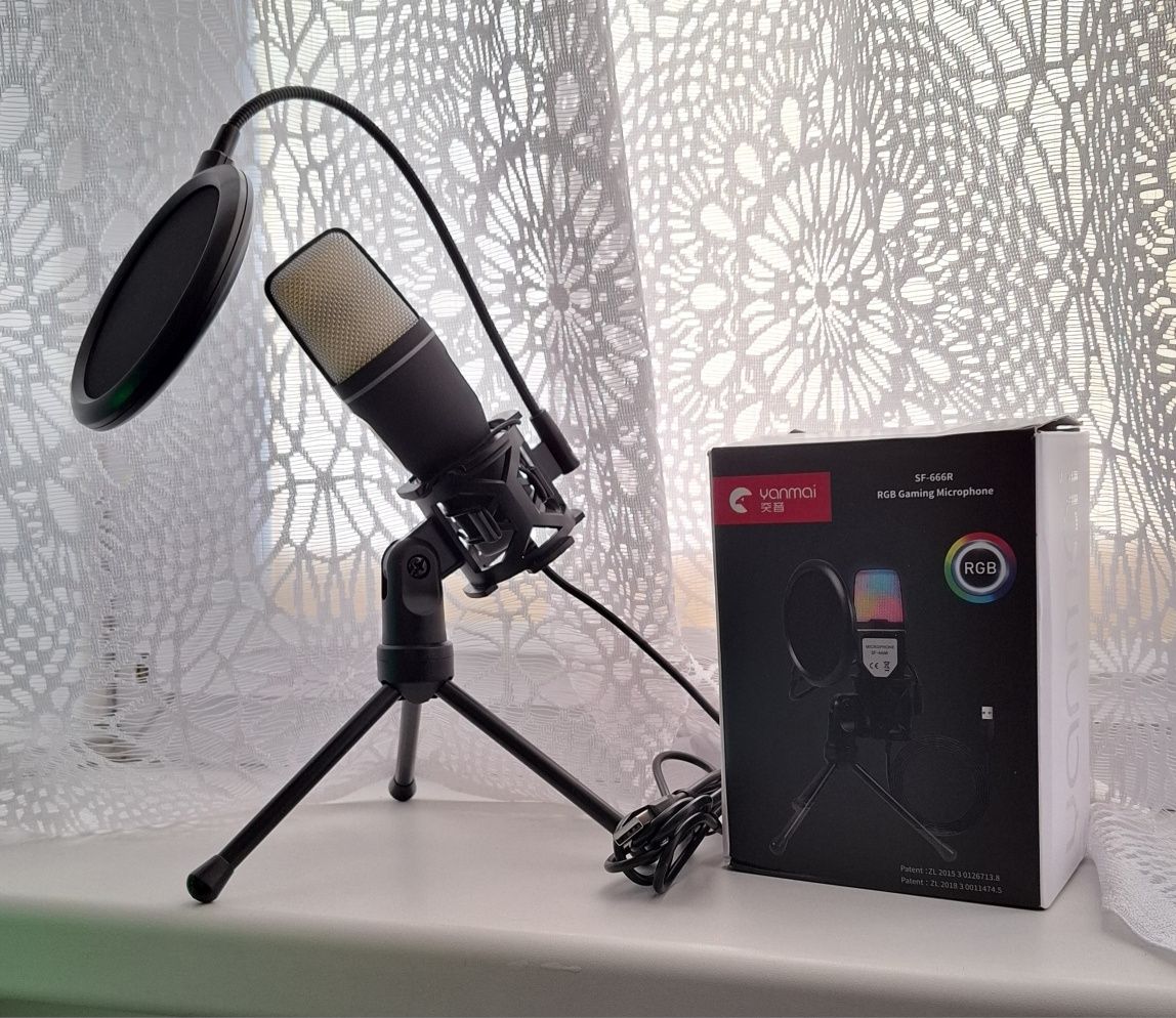 Mikrofon RGB pojemnościowy do PC na USB gamingowy podcast statyw