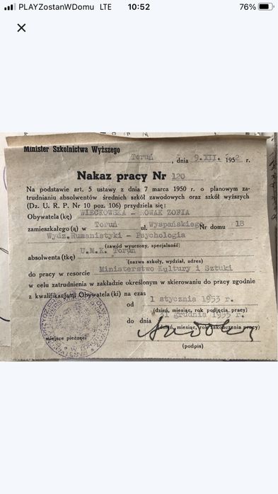 Nakaz pracy z 1952 roku MKiS